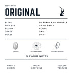 Alt text:

"Bestia Brisk Original coffee label. Features key details:

- Blend: 60% Arabica, 40% Robusta
- Process: Small Batch
- Region: Coorg
- Grade: AAA
- Roast: Light

Flavor notes include cocoa, bittersweet, and brown sugar. Highlights include Single Origin, High Caffeine, and Agglo-Texture for a rich coffee experience. The label has minimalist illustrations of a cocoa bean, a bittersweet flower, and a brown sugar crystal, along with the Bestia Brisk logo."
