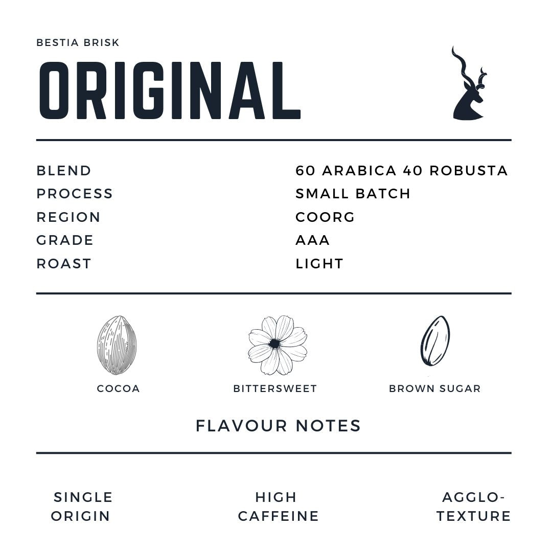 Alt text:

"Bestia Brisk Original coffee label. Features key details:

- Blend: 60% Arabica, 40% Robusta
- Process: Small Batch
- Region: Coorg
- Grade: AAA
- Roast: Light

Flavor notes include cocoa, bittersweet, and brown sugar. Highlights include Single Origin, High Caffeine, and Agglo-Texture for a rich coffee experience. The label has minimalist illustrations of a cocoa bean, a bittersweet flower, and a brown sugar crystal, along with the Bestia Brisk logo."
