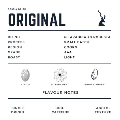 Alt text:

"Bestia Brisk Original coffee label. Features key details:

- Blend: 60% Arabica, 40% Robusta
- Process: Small Batch
- Region: Coorg
- Grade: AAA
- Roast: Light

Flavor notes include cocoa, bittersweet, and brown sugar. Highlights include Single Origin, High Caffeine, and Agglo-Texture for a rich coffee experience. The label has minimalist illustrations of a cocoa bean, a bittersweet flower, and a brown sugar crystal, along with the Bestia Brisk logo."