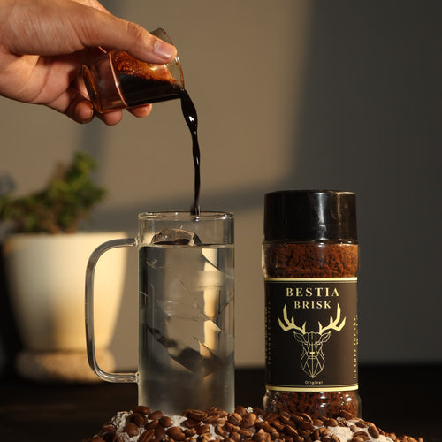 A premium glass jar of Bestia Brisk Original Instant Coffee is placed next to a clear mug filled with ice water, with a hand pouring rich black coffee concentrate into the glass. Fresh coffee beans are scattered at the base, and a blurred plant in the background adds a rustic, cozy touch. The Bestia Brisk logo, featuring a sleek black and gold design, is clearly visible, highlighting the brand's luxury appeal.